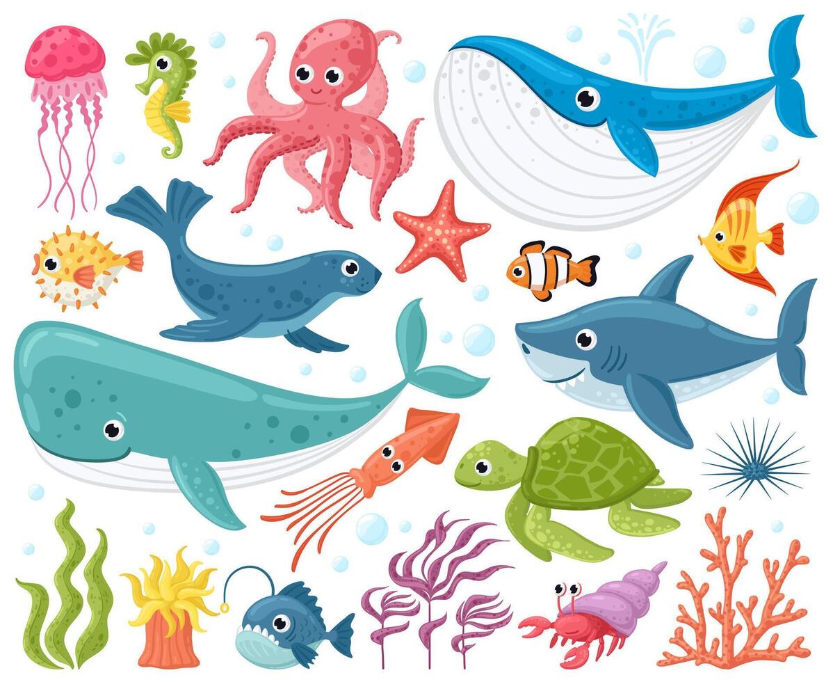 Cartoon sea animals. Cute ocean fish, octopus, shark and turtle, jellyfish, crab and seal. Underwater wildlife creatures illustration set vector