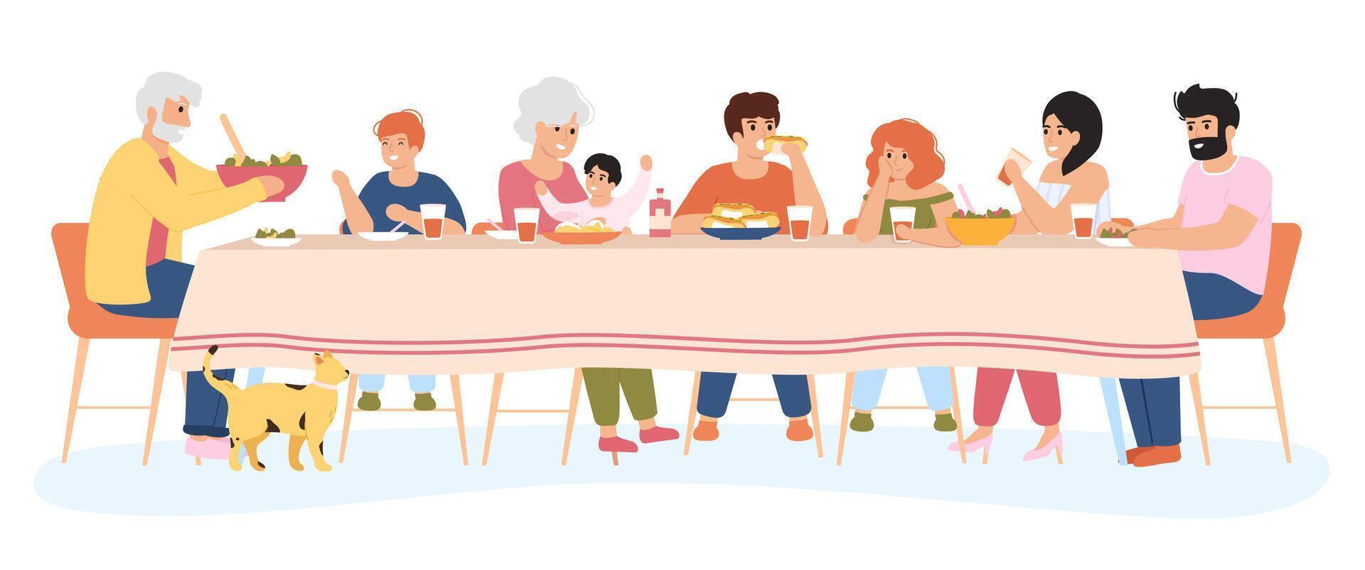 Family meal. People dining together, family eating delicious holiday meals. Dinner within family circle illustration set vector