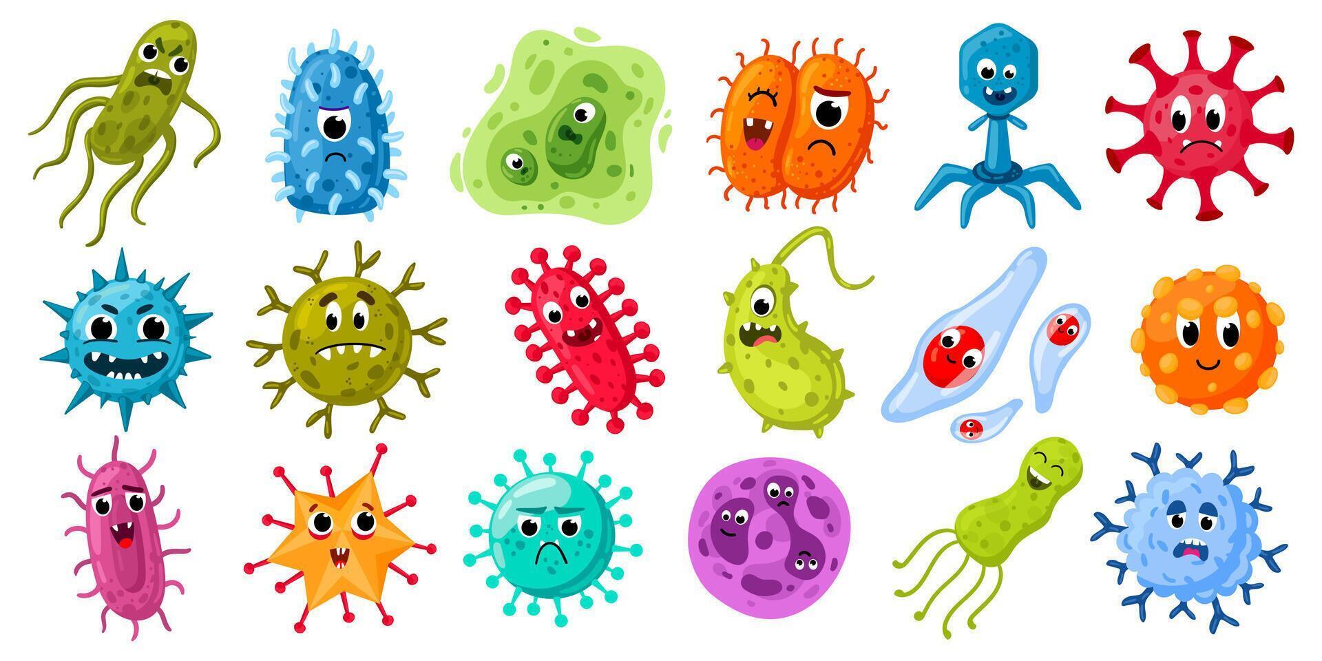 Cartoon microbes and viruses. Germs characters with funny faces, bacteria and disease viruses mascots. Pathogen microorganism illustration set vector