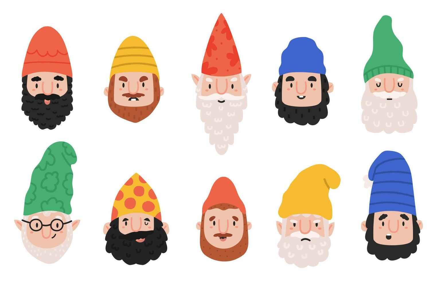 Garden gnomes emotions. Cute dwarf characters avatar, happy, funny and angry gnome faces. Dwarf fairy tale emoji mascots illustration set vector