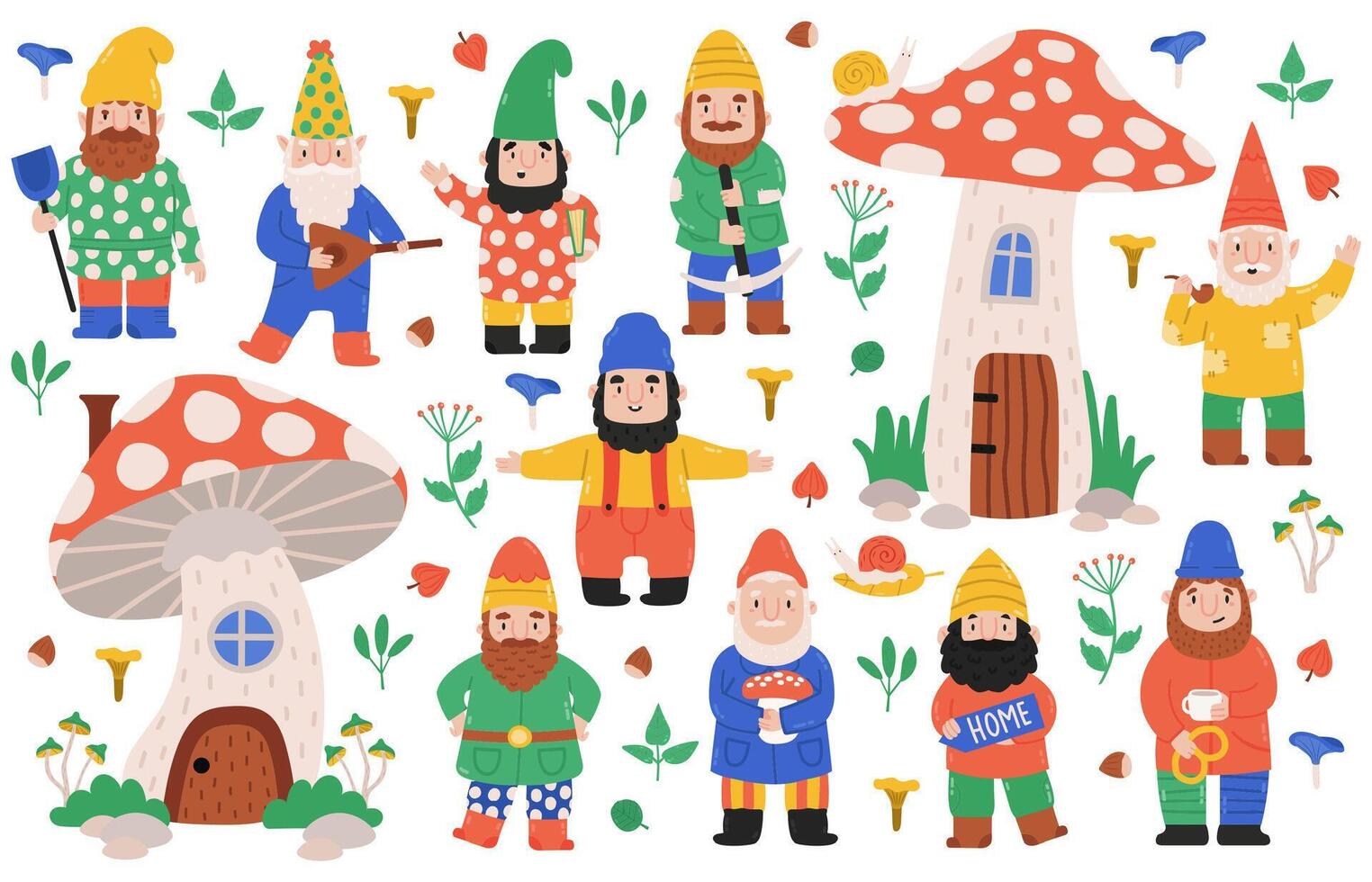 Garden dwarf characters. Gnome garden decorations, dwarfs with mushrooms, gnome mascots. Funny garden fairy tale creatures illustration set vector
