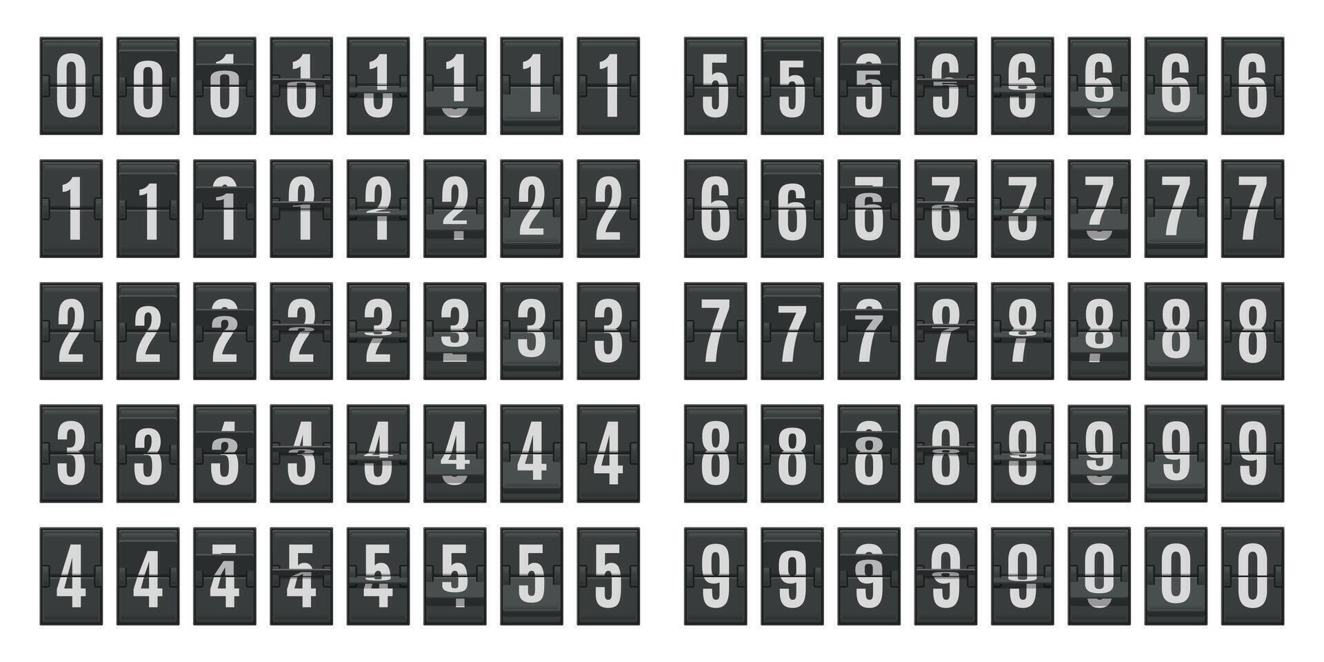 Flip countdown animation. Scoreboard numbers countdown panels, score date counter animation. Countdown flip boards illustration set vector