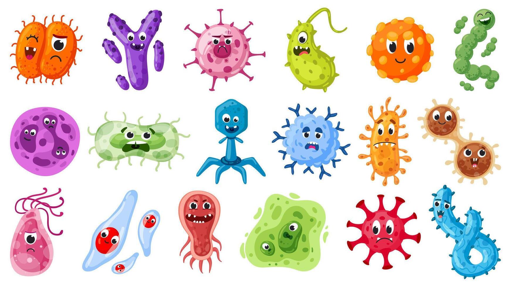 Cartoon bacteria characters. Viruses, germs and pandemic microbes emoticons microorganism. Disease viruses mascots illustration set vector