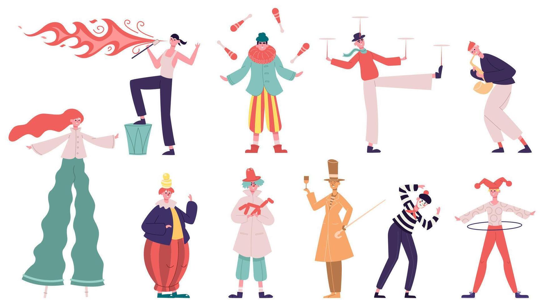 Street performance artists. Festival performing show characters, juggler, fakir and living statue. Artistic street performance illustration set vector