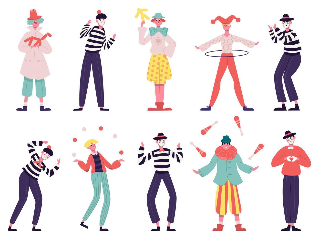 Mimes and clowns. Circus and street artists, comedy performing, juggling and magic tricks illustration set. Silent actors and funny clowns vector