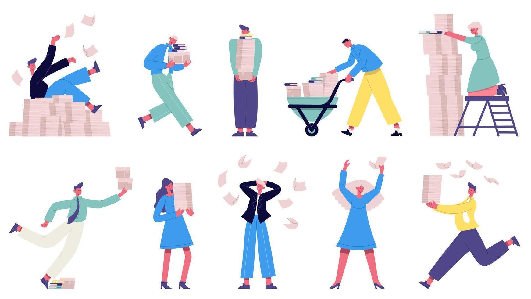 Unorganised business people. Chaotic office workers, mess paperwork, stressing office characters illustration set. Business unorganised work vector