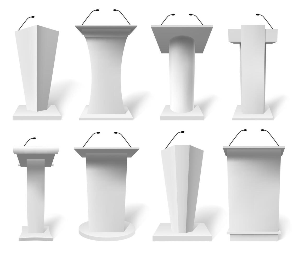 Realistic speech tribune. Debate tribune podiums with microphone, 3d public presentation tribune illustration set. White podium tribune mockups vector