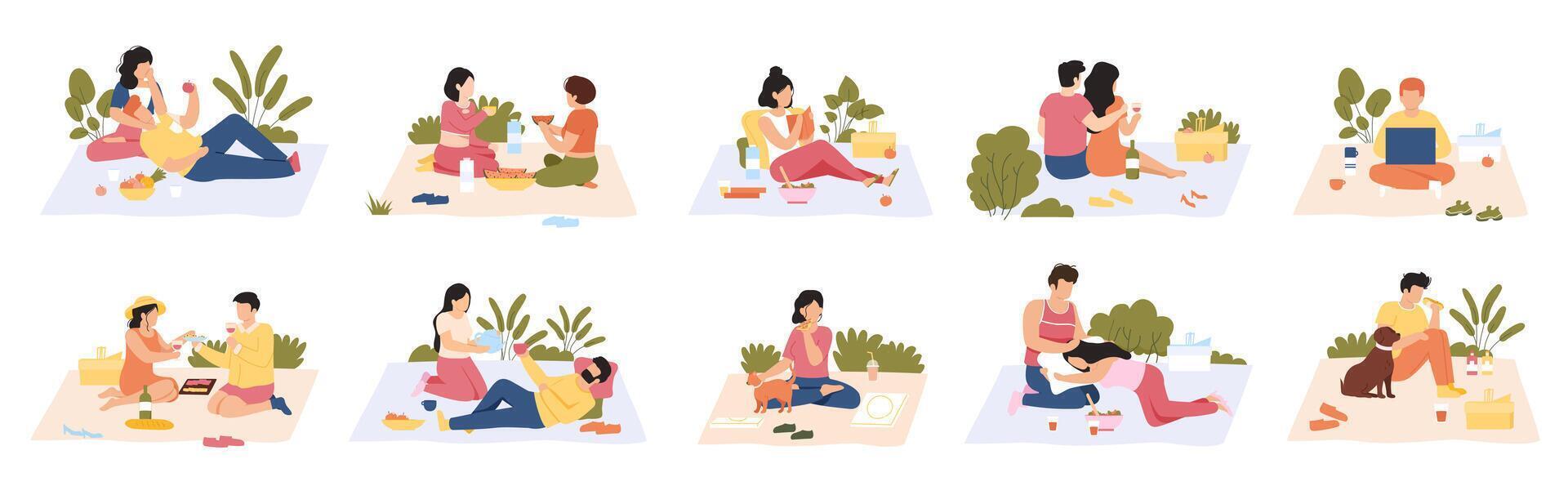 People at picnic. Outdoor meals, men and women eating delicious food on nature. Summer picnic recreation illustration set vector