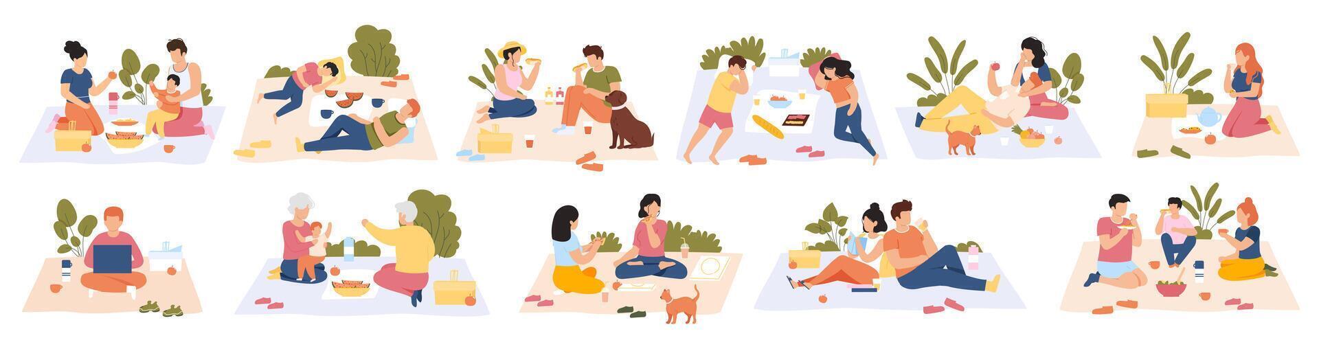 Picnic in park. Friends and couples at picnic, outdoor nature recreation, people having lunch together. Summer picnic illustration set vector