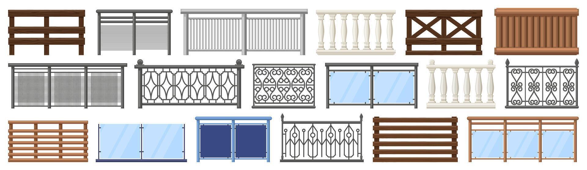 Balcony railing. Metal, wooden and stone decorative balcony fences, terrace fencing isolated illustration set. Home facade balcony elements vector