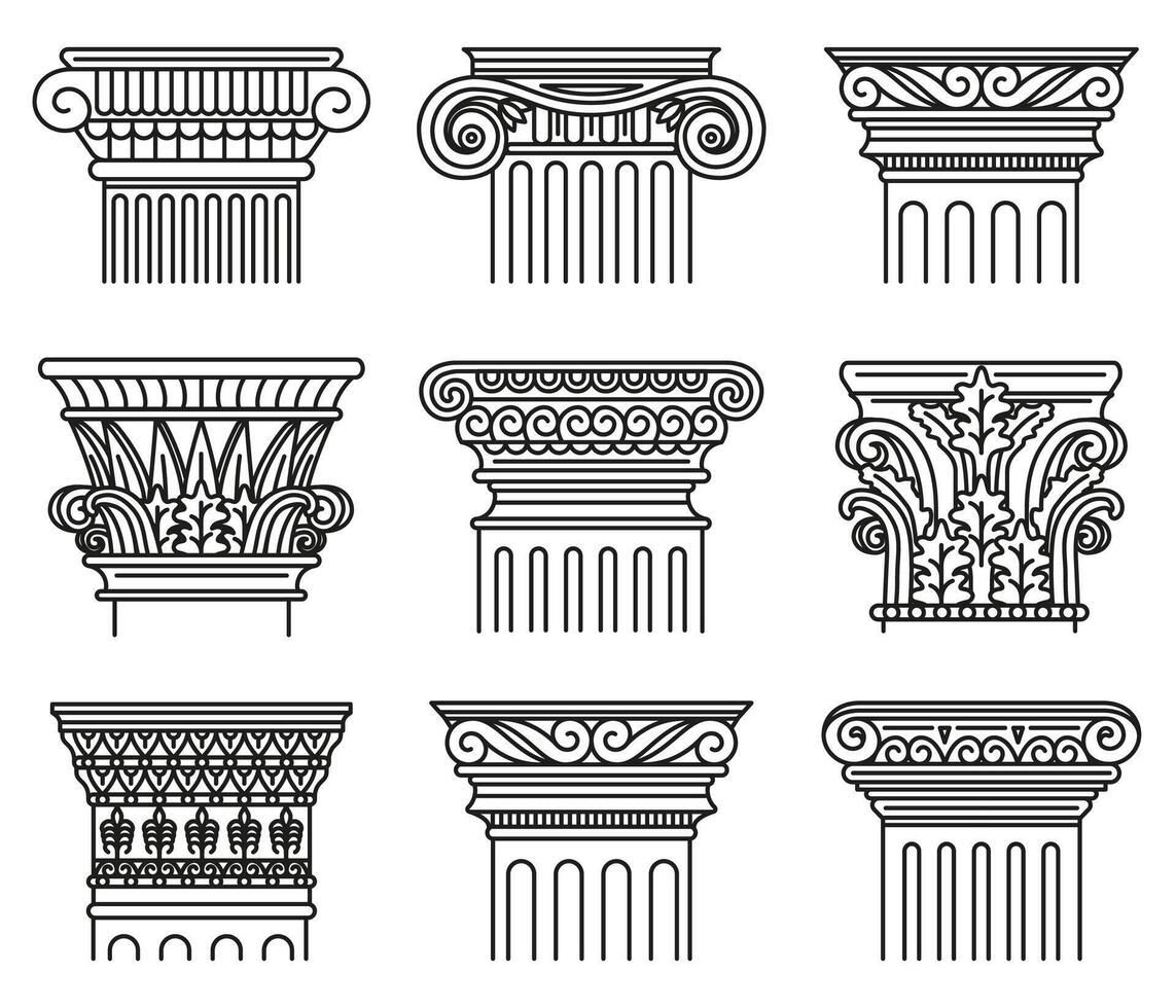 Ancient greek capitals. Architectural orders, ionic and doric antique classical capitals isolated illustration set. Greek and roman engraved pillar orders vector
