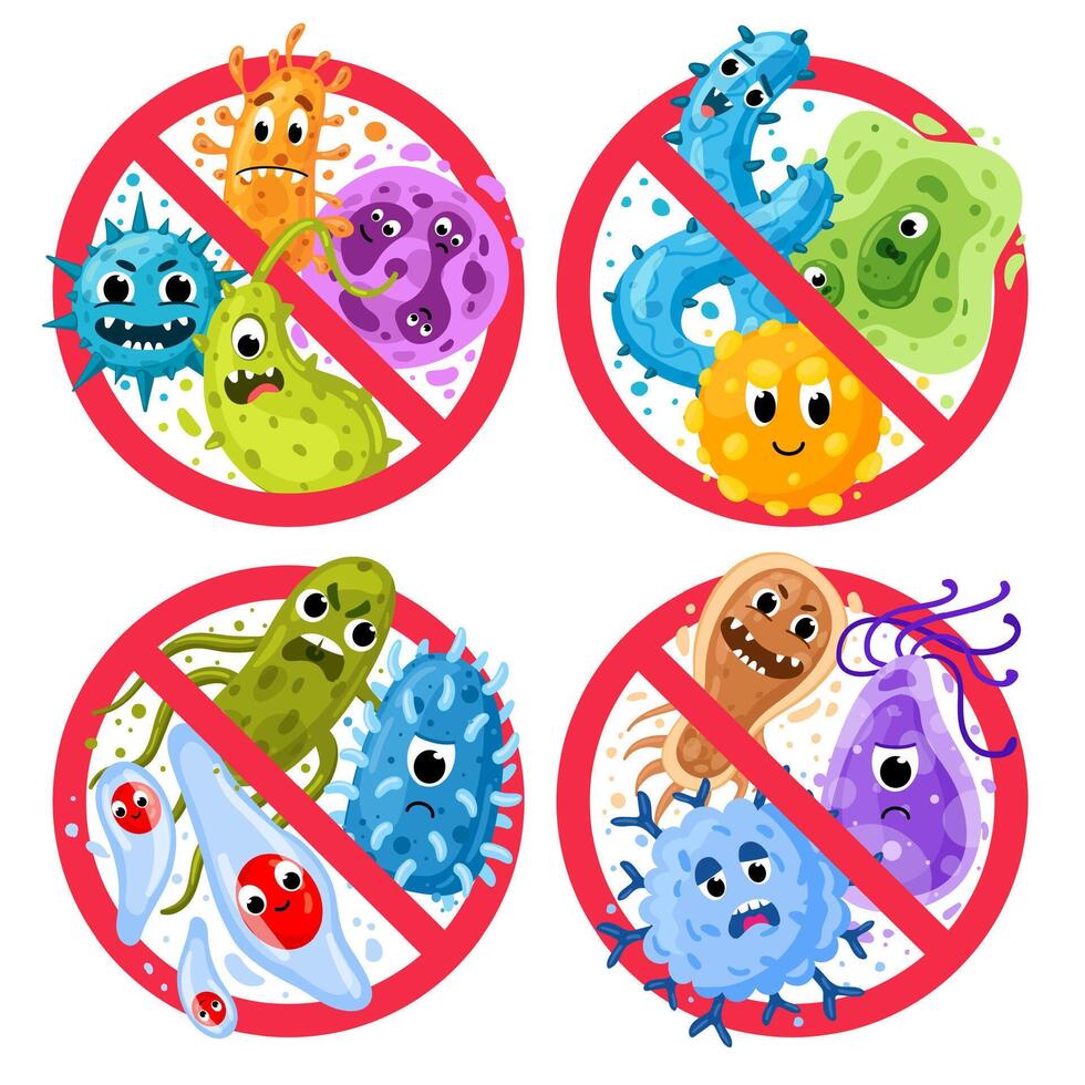Bacterial protection. Germs in ged round prohibition signs, disinfection and epidemic prevention icons. Stop infection illustration set vector