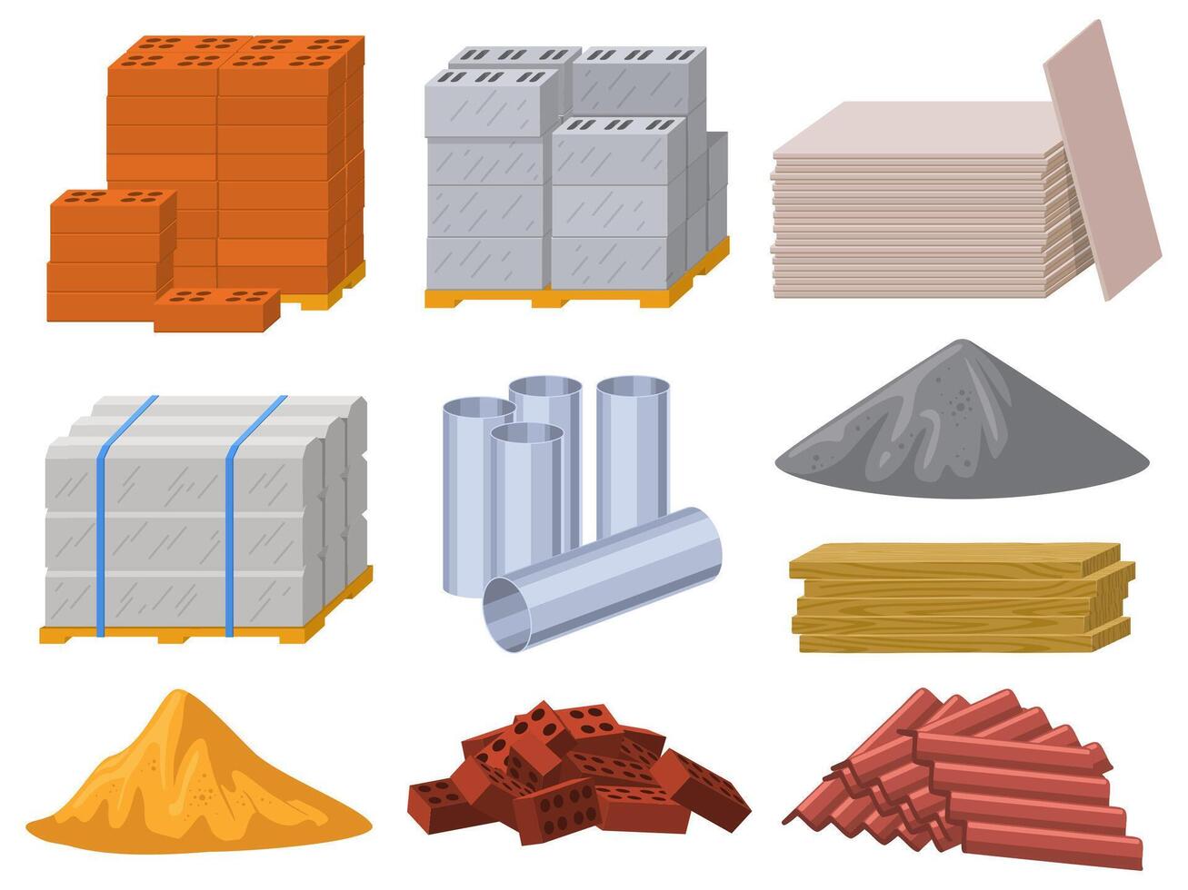 Building materials. Construction industry bricks, cement, wooden planks and metal pipes illustration set. Building insulation or roofing materials vector