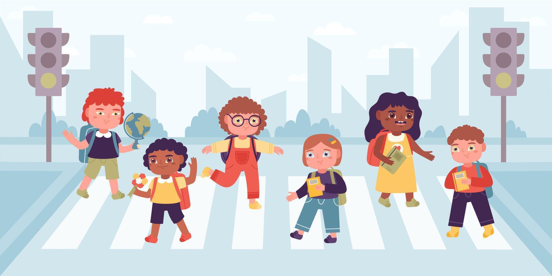 Crosswalk children. Elementary school pupils crossing street on cross road, observance traffic rules illustration set. School children going to school vector