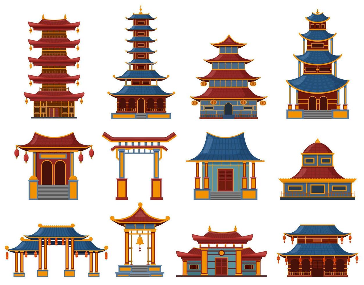 Chinese buildings. Architectural asian temples, palaces and pagoda houses, china cultural objects illustration set. Oriental traditional buildings vector