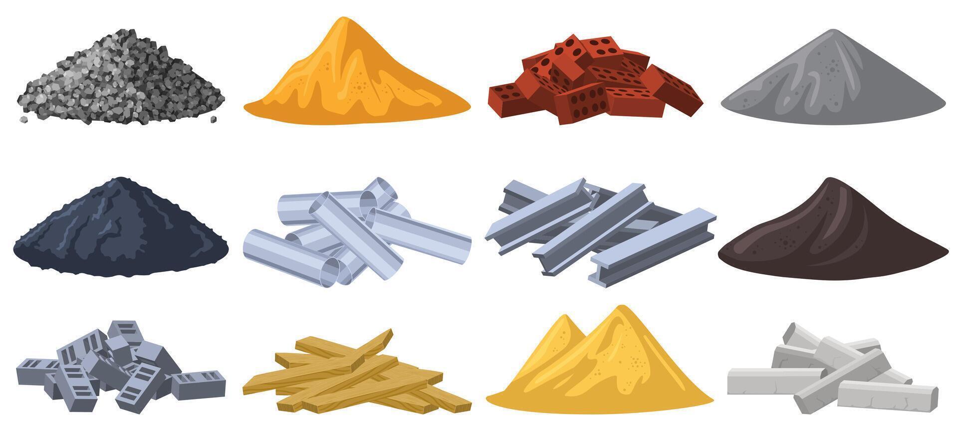 Construction materials. Building material piles, gravel, sand, bricks and crushed stone piles. Heaps of building materials isolated illustration set vector