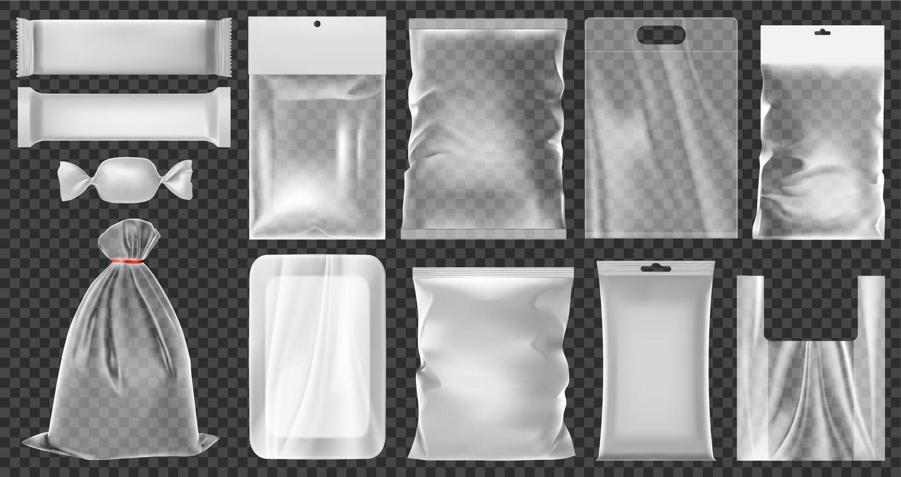 Realistic plastic package. Empty vacuum plastic containers, clean polythene food packaging illustration set. Transparent 3d plastic bags vector