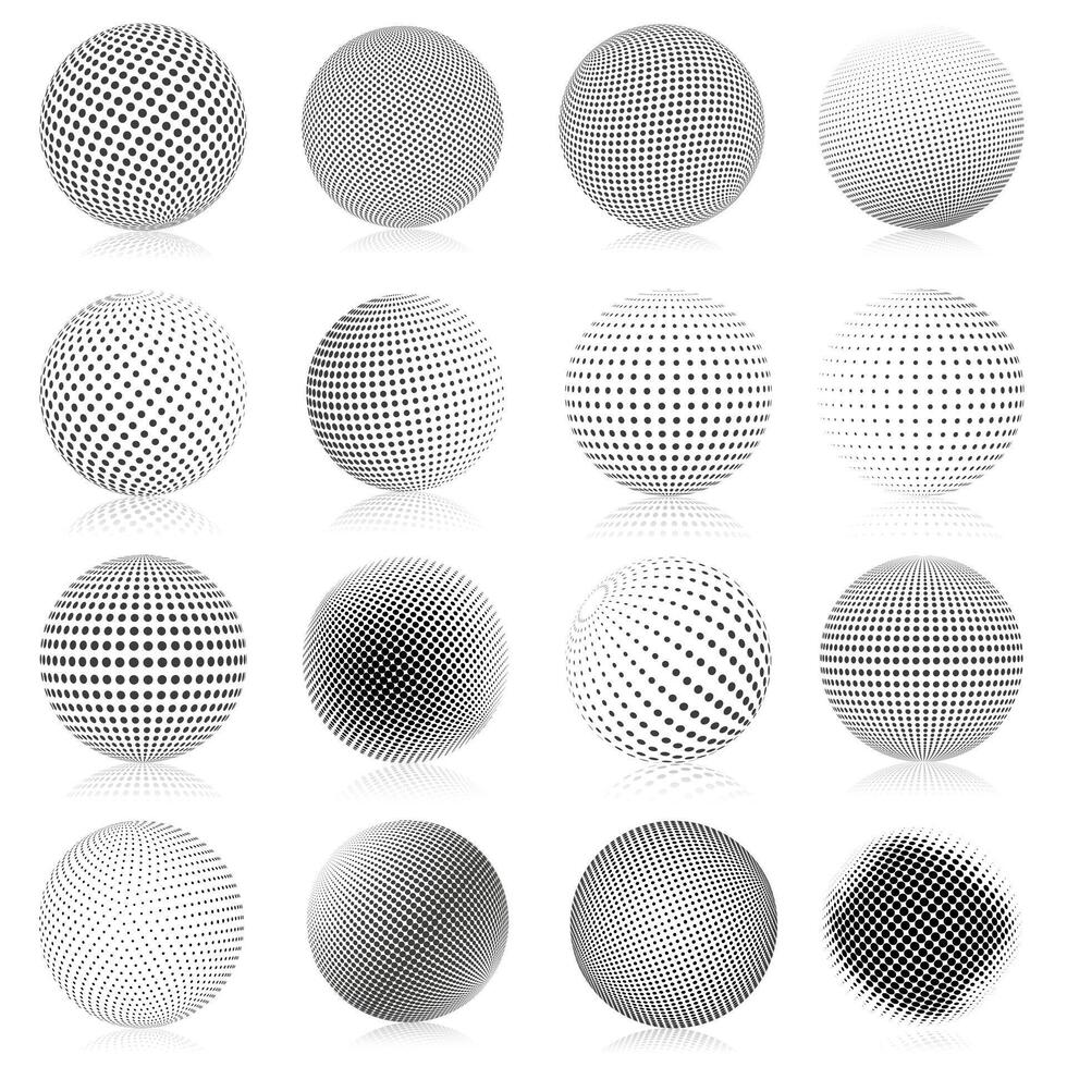 Halftone sphere. Abstract gradient dotted texture globe elements, round halftone symbols illustration set. Spherical dotted shapes vector