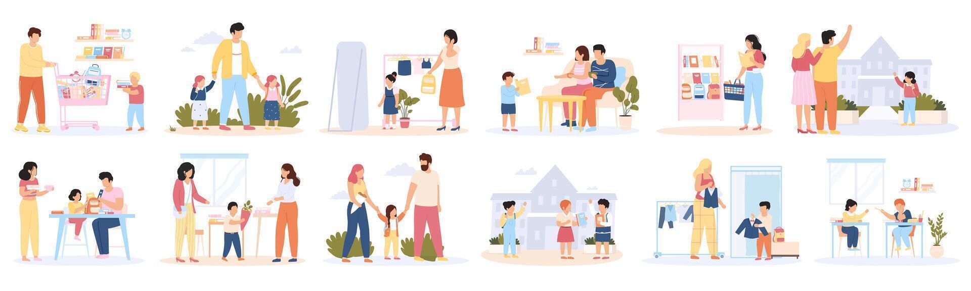 Back to school. School education preparation, parents and children buying school supplies illustration set. Knowledge day pupils preparation vector