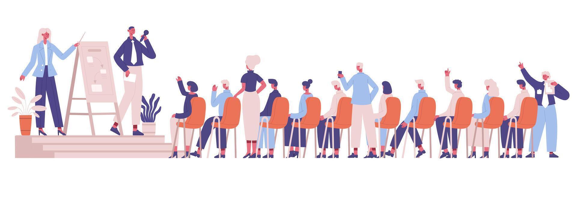 Business coach training. Office team business strategy presentation, workshop or conference illustration. Business trainer and audience group of listeners vector