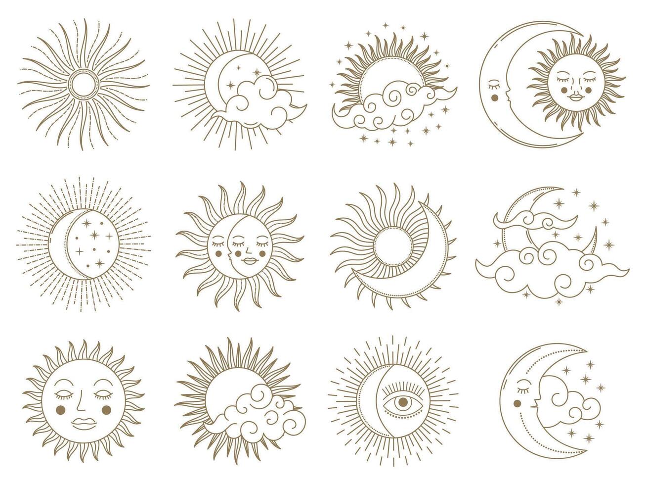 Magical moon and sun. Golden boho astrology elements, sun, moon, stars and clouds illustration set. Mystical astrology day and night symbols vector