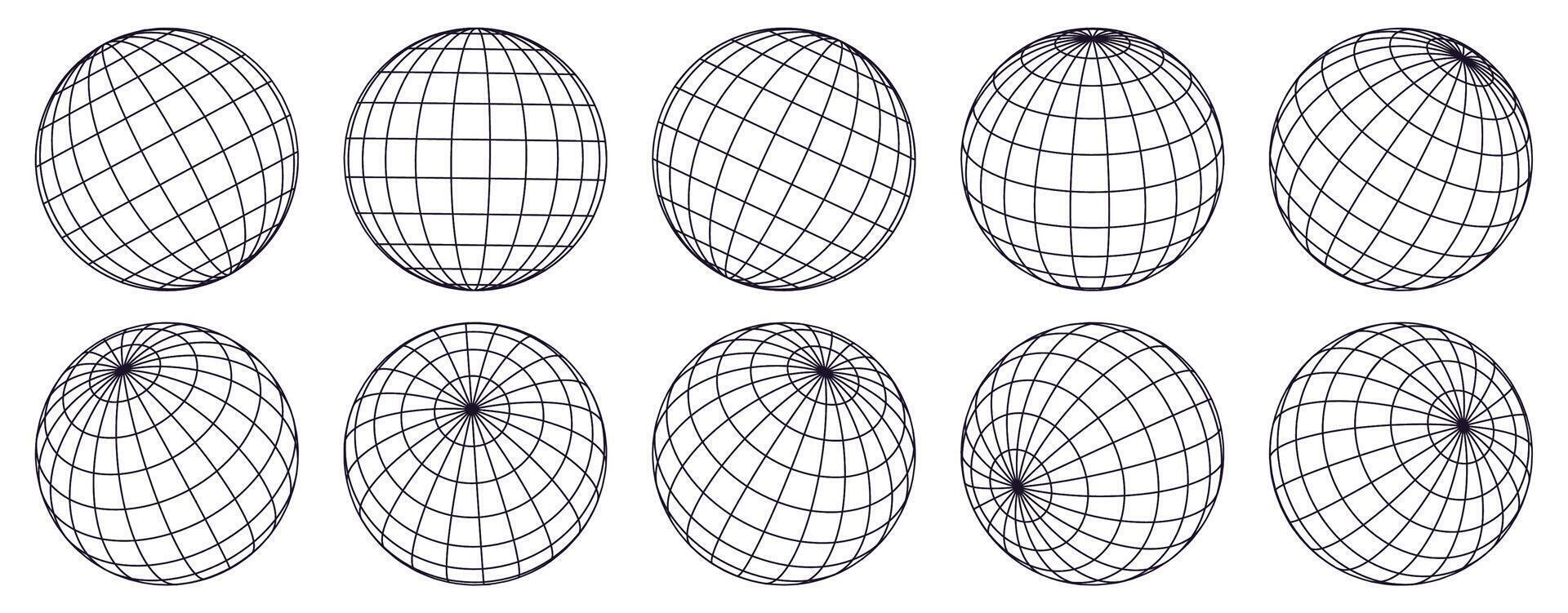 Globe grid spheres. Striped 3D spheres, geometry globe grid, earth latitude and longitude line grid symbols set. Spherical grid globe shapes vector