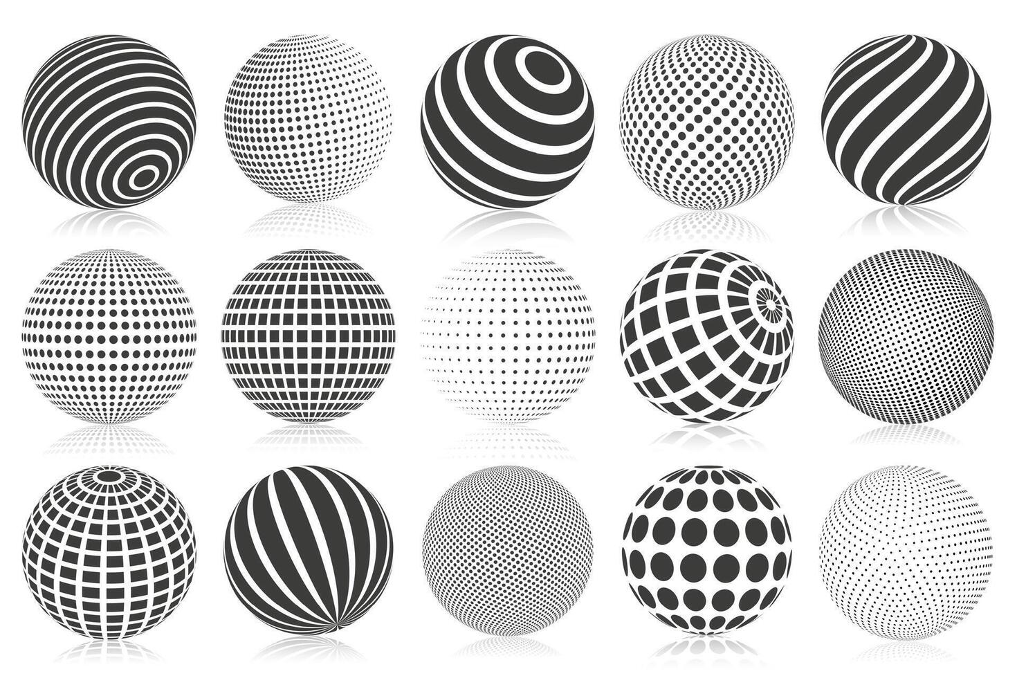 Dotted halftone 3d sphere. Striped, dotted and checkered 3d spheres, abstract sphere balls. Minimalistic halftone spherical isolated symbols set vector