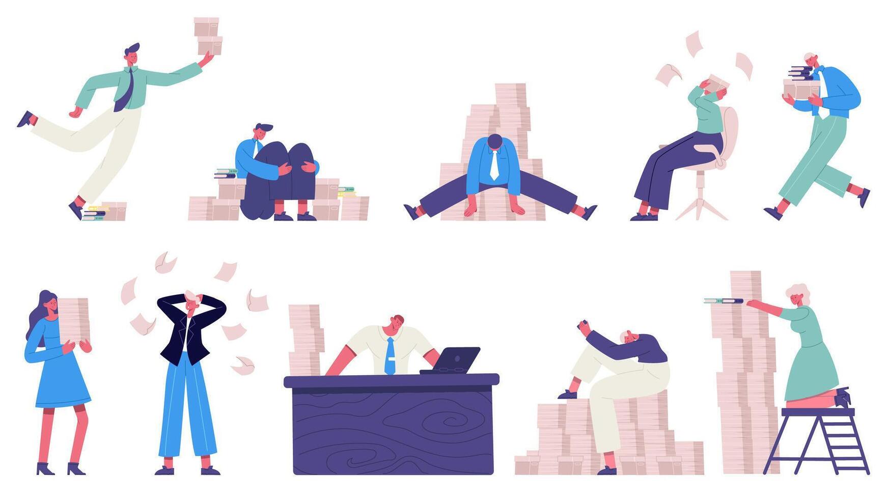 Chaotic office characters. Fail time management, unorganised stressing office workers illustration set. Unorganised business people vector