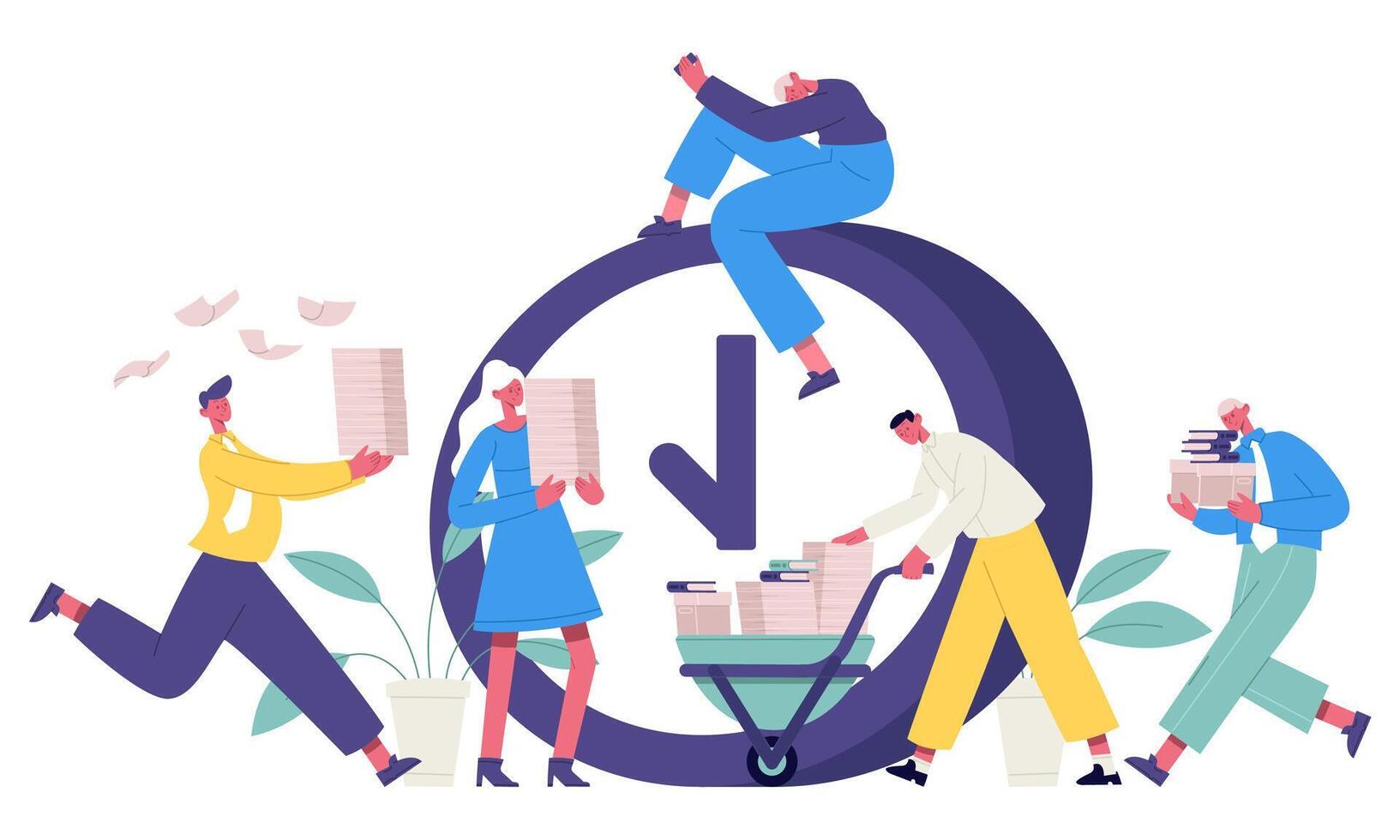 Deadline office concept. Business people rushing working process, high stress office workers. Time management overtime workers illustration vector