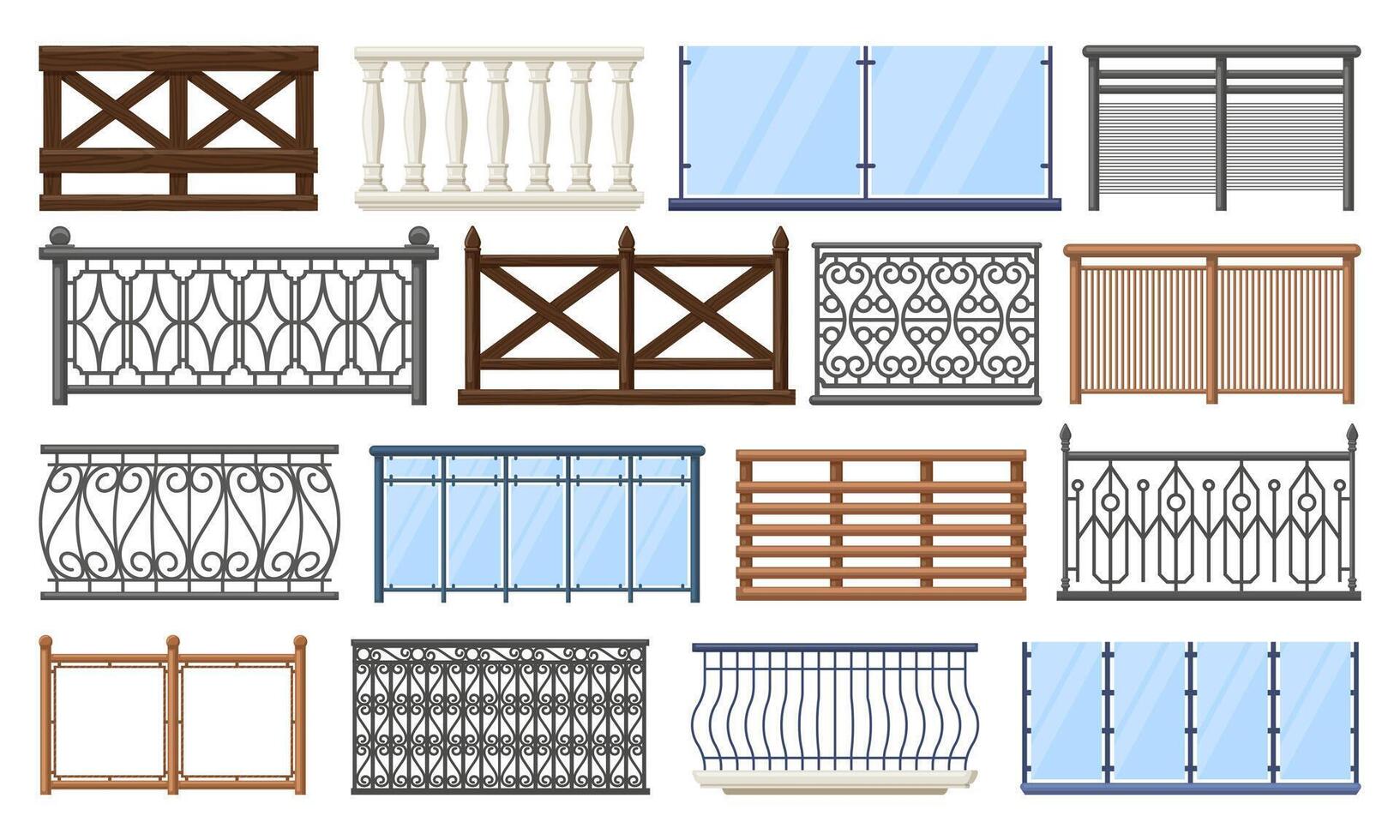 Balcony fence. Wooden, stone and stainless steel handrails, home terrace fencing isolated illustration set. Apartment building balcony railing vector