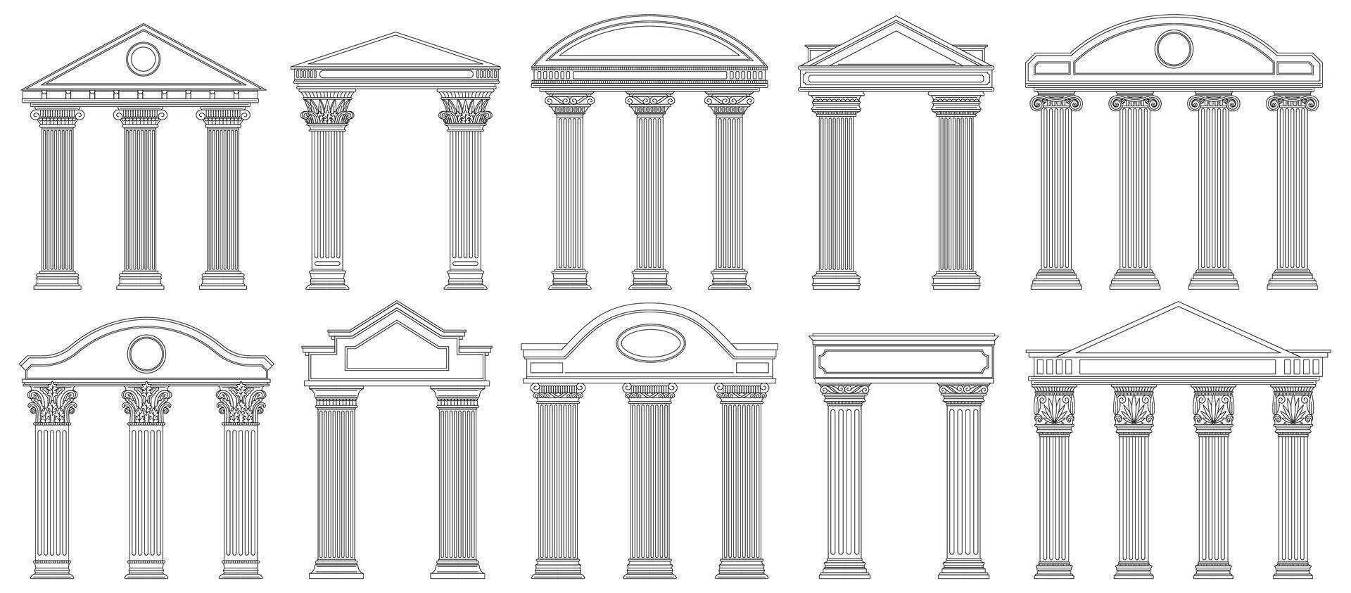 Ancient pediments. Greek and roman architecture temple facade with ancient pillars illustration set. Antique architectural pediments elements vector
