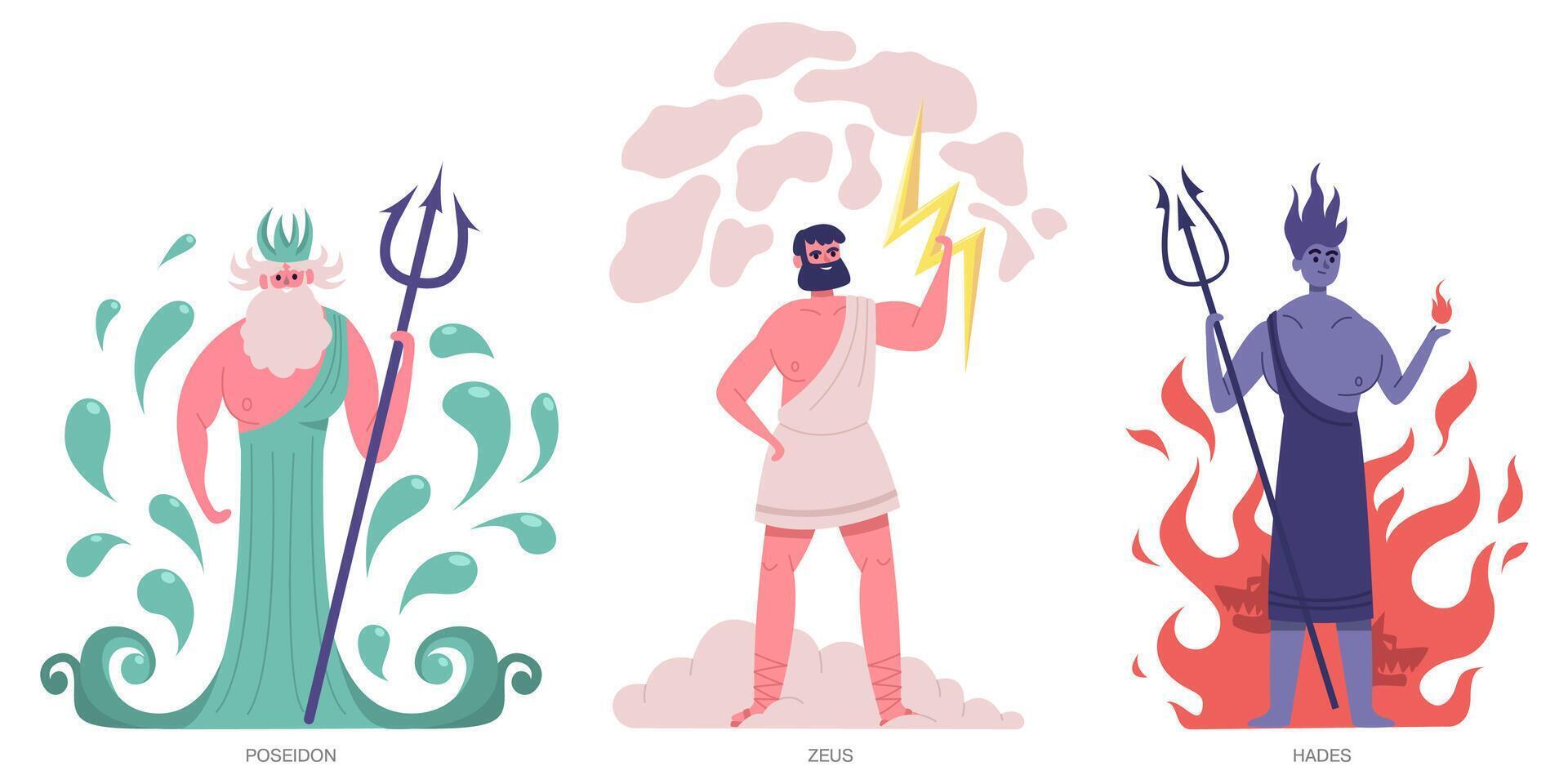 Ancient greek gods. Olympic greek main powerful gods, zeus, poseidon and hades. Greek ancient mythology gods illustration set vector