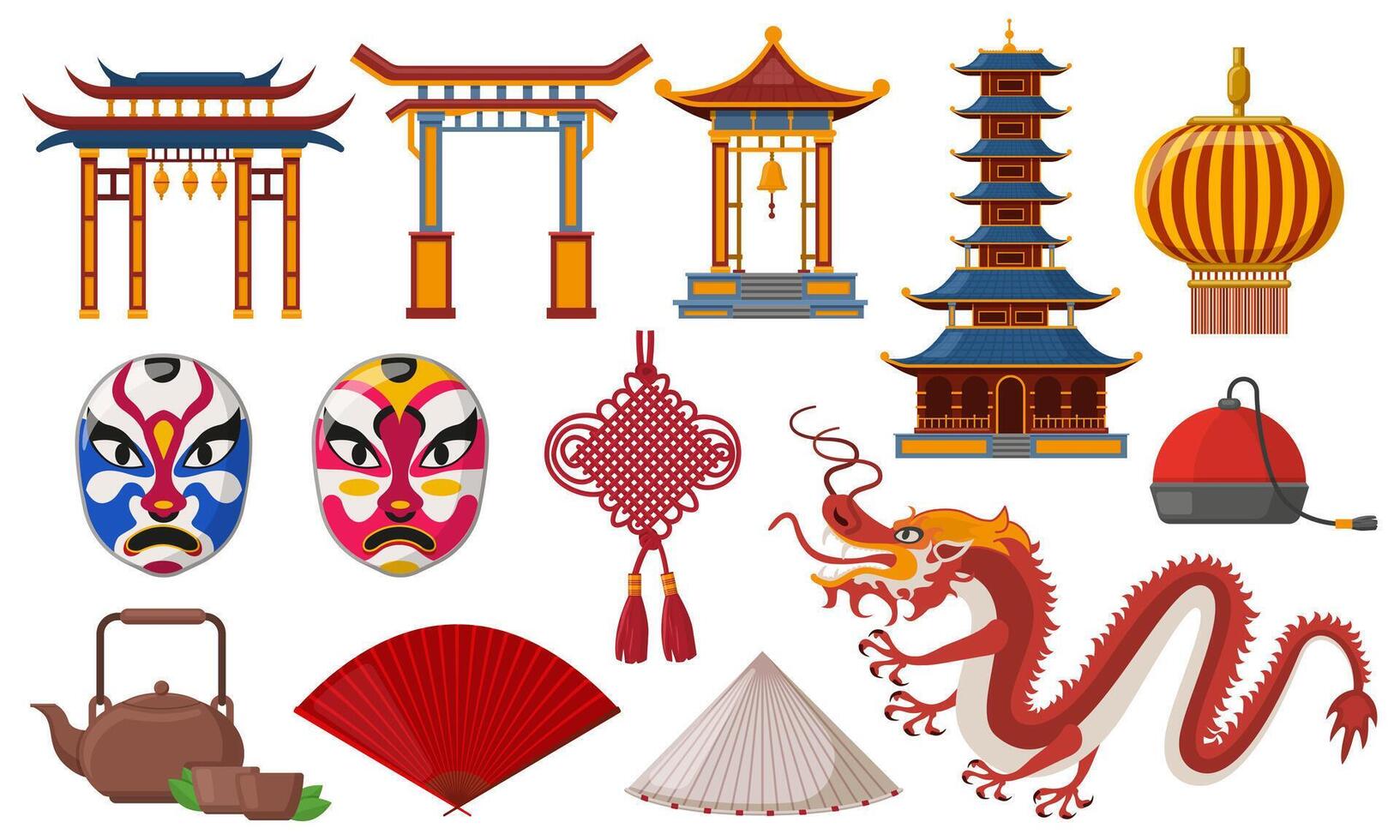 Chinese traditional elements. Asian culture traditional symbols, pagoda, lantern and dragon isolated illustration set. China oriental icons vector