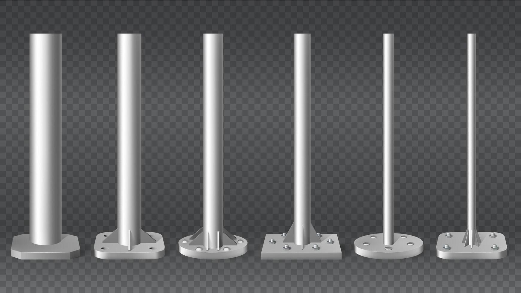 Realistic steel pillars. Metal cylinder pole pipes, 3d steel columns illustration mockup set. Different diameters metal pole pillars vector