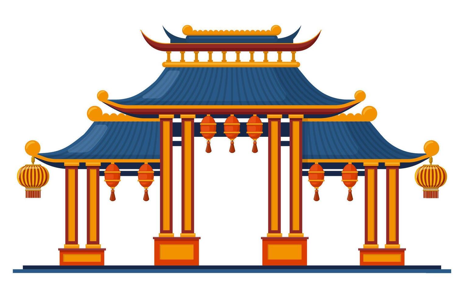 Chinese traditional entrance. Asian traditional architectural pagoda gate isolated illustration. Oriental entrance with hanging lanterns vector