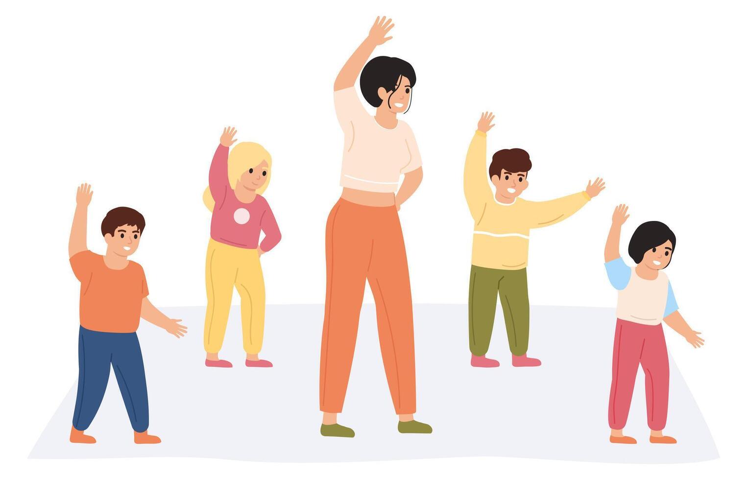 Teacher and kids exercising. Preschool teacher doing gymnastics together with pupils isolated illustration. Kindergarten physical activity vector