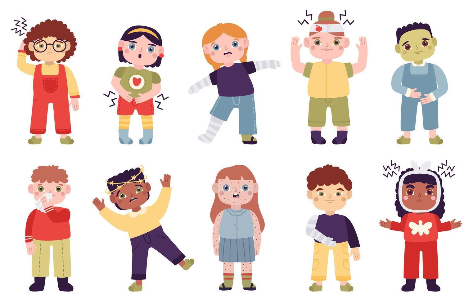 Sick children. Little kids with disease symptoms, headache, abdominal pain, runny nose and rashes illustration set. Sad sick children characters vector