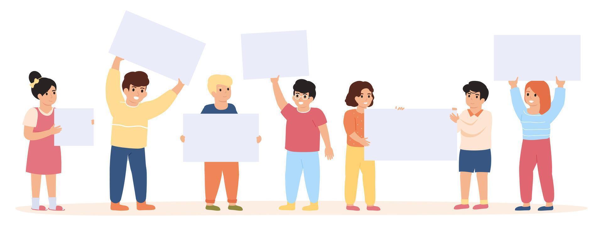 Children with banners. Little kids group holding empty placards isolated illustration. Boys and girls standing together with blank banners vector