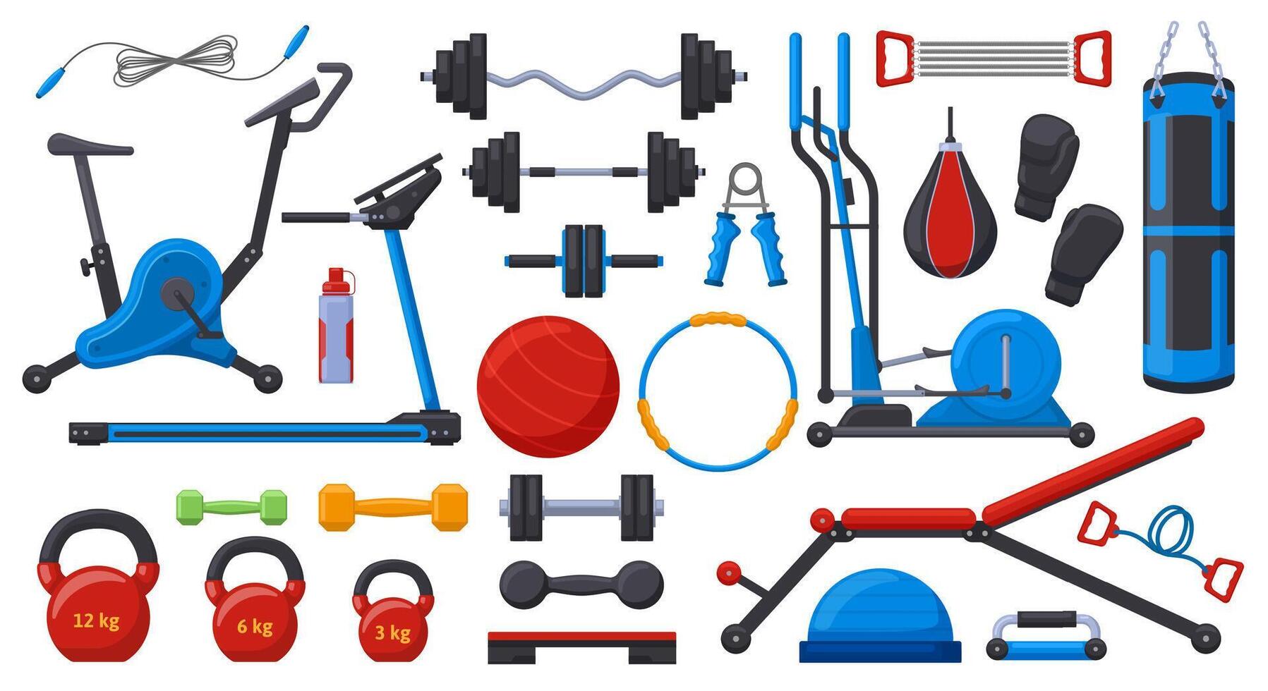 Gym fitness equipment. Sport training weights, dumbbell, barbell, gym ball, treadmill and exercise bike illustration set. Fitness sport equipment vector