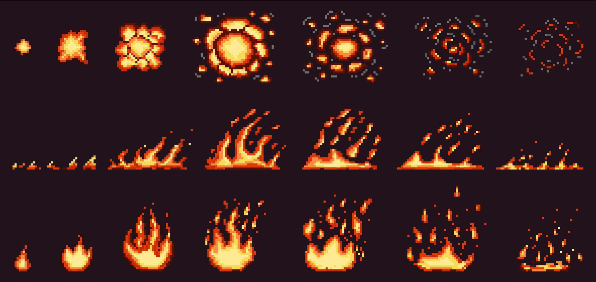 Pixel fire animation. Red hot flame, burning effect fire border and fiery explosion illustration set. Pixelated 8 bit game fire flames steps vector