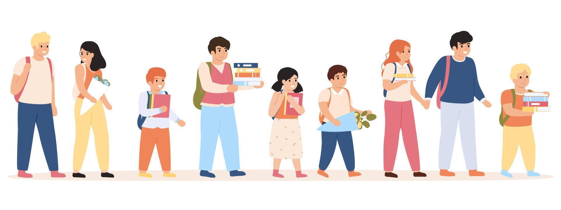 Pupils go to school. Children with backpacks and books heading to school, school students walking illustration. Male and female school students vector