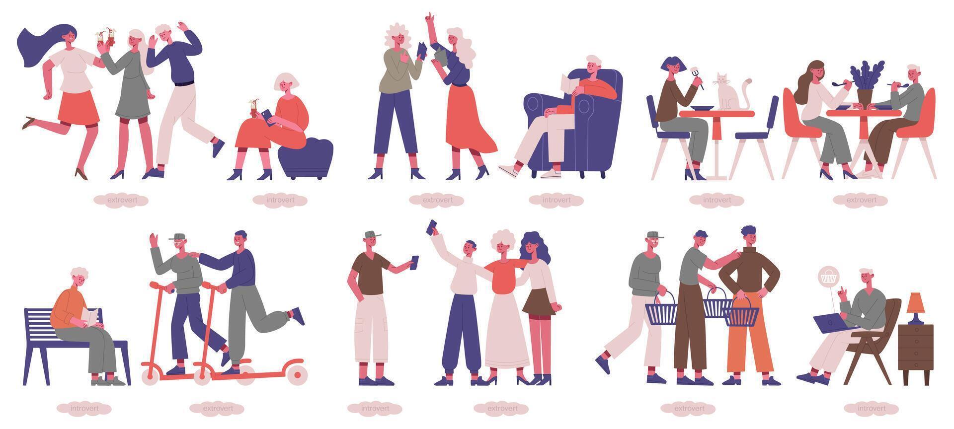 Extrovert and introvert characters. Sociable and uncommunicative psychological people types illustration set. Active and calm men and women characters vector