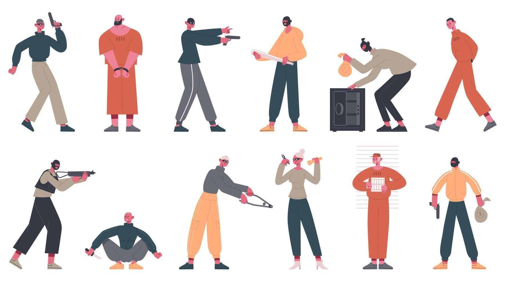 Criminal characters. Thieves, crooks and robbers commit crime, arrested prisoners in uniform illustration set. Prisoners and criminals vector