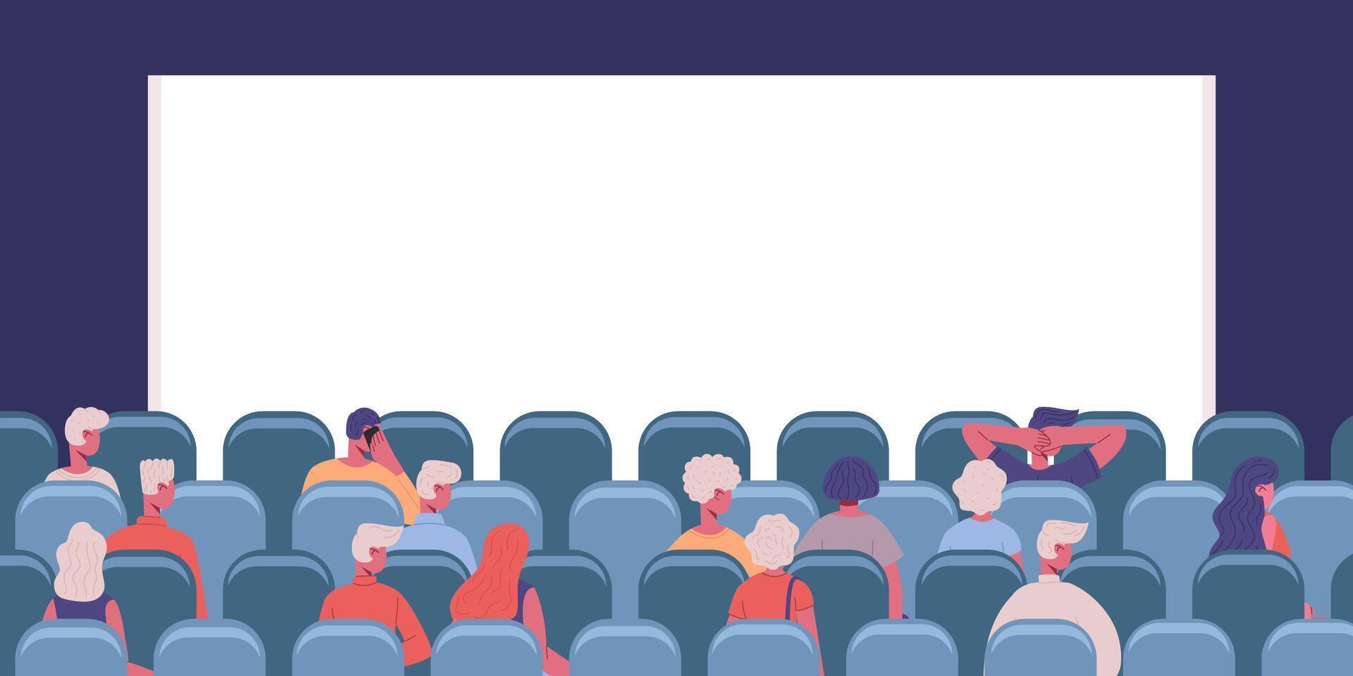People in cinema. Movie theatre male and female characters view from back illustration. Men and women watching movie back view vector