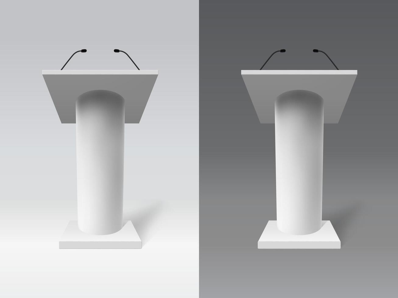 White realistic tribune. Speech 3d debate tribune, public presentation speech tribune illustration set. Speaker podium mockups vector