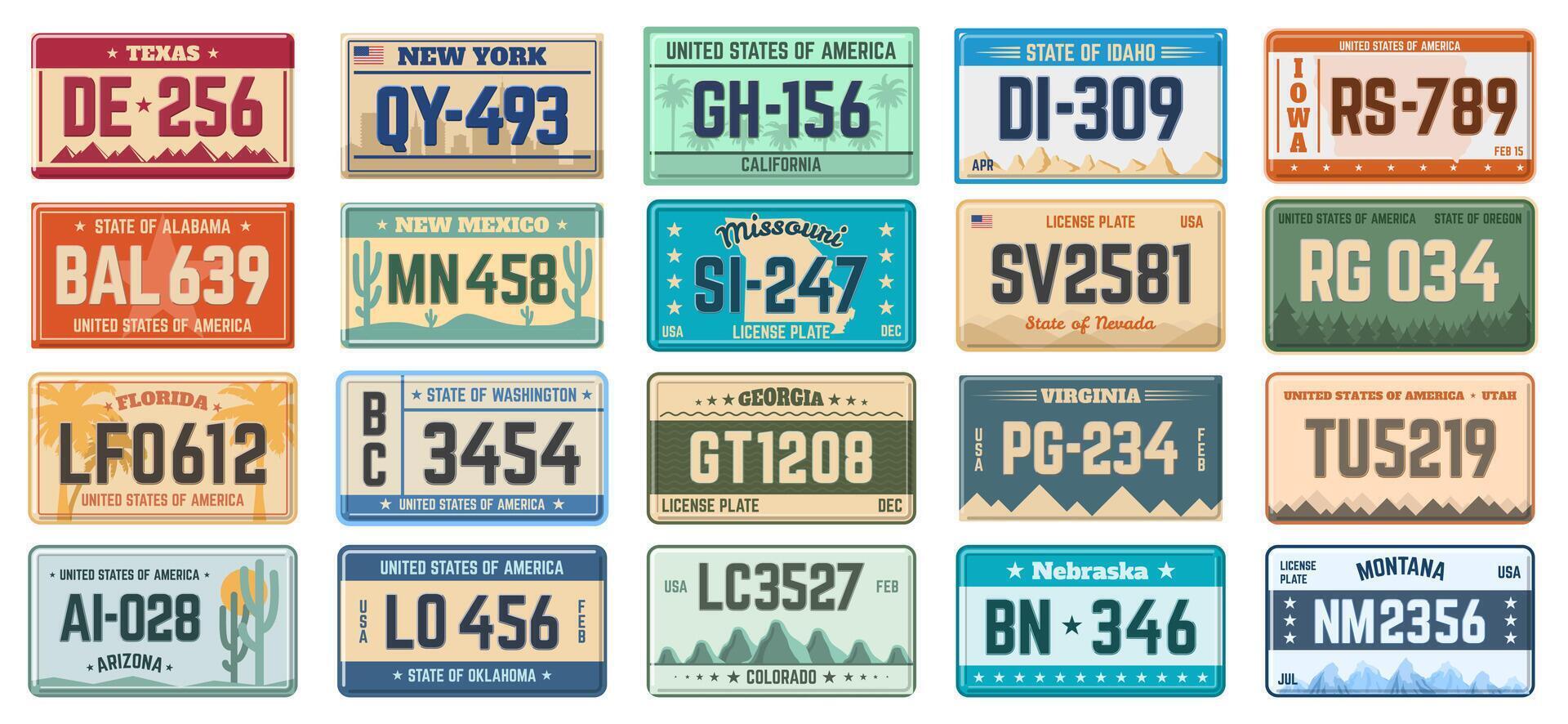 Car number plates. Vehicle use states license registration plates, retro automobile license plates illustration set. Car registration signs vector