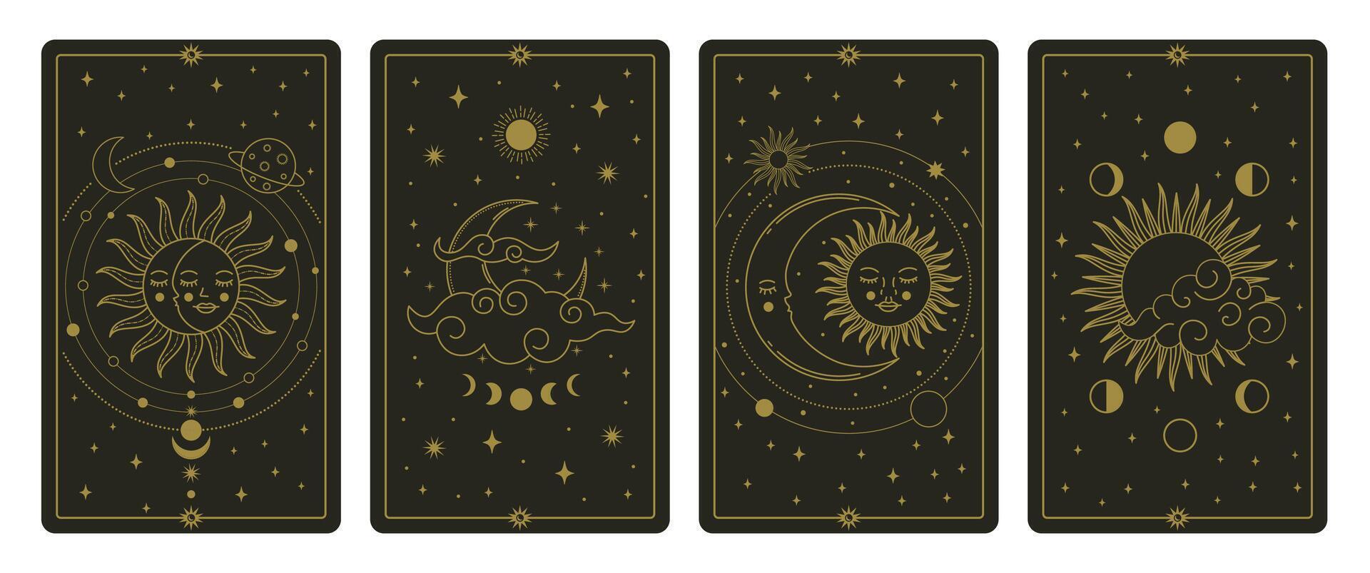 Moon and sun tarot cards. Mystical hand drawn celestial bodies cards, magic tarot card illustration set. Magical esoteric tarot cards vector