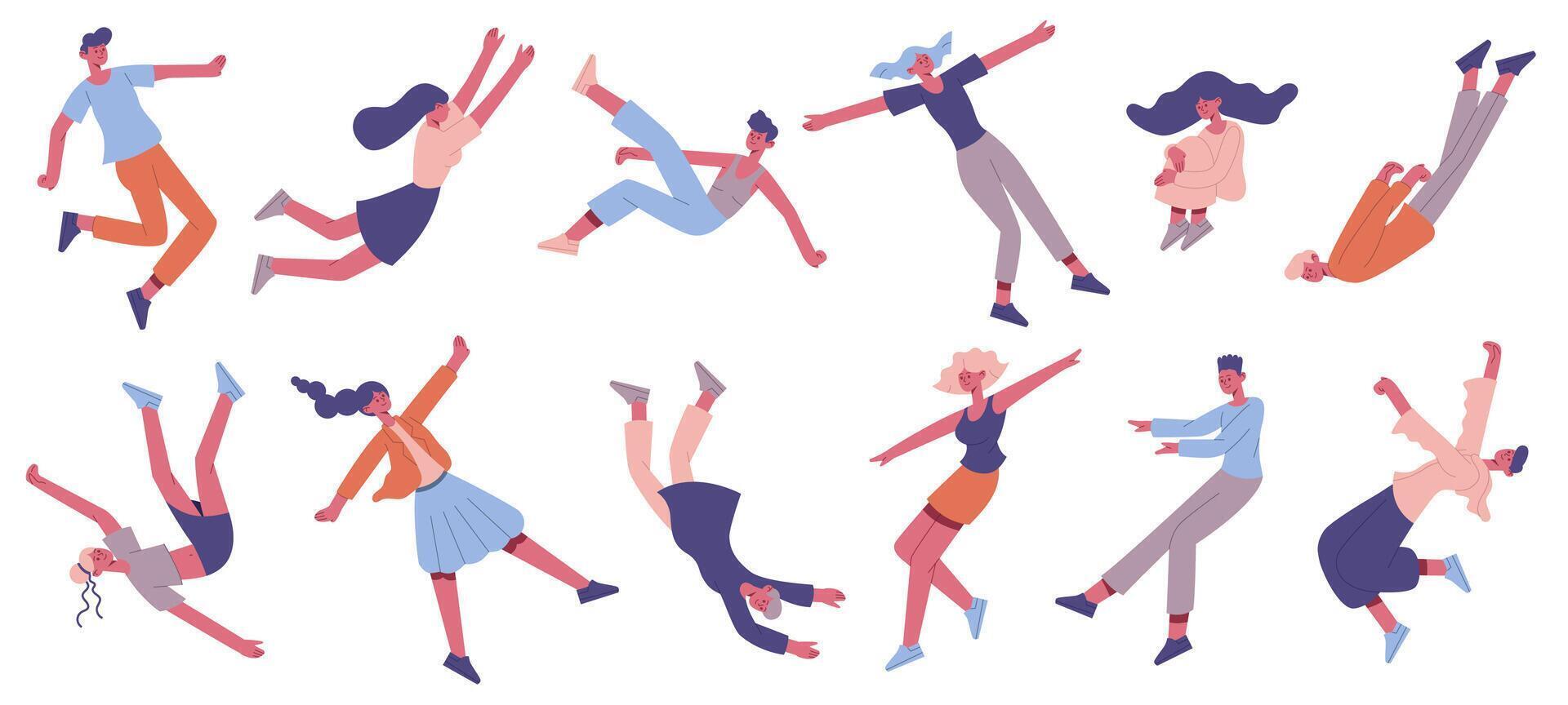 People floating in air. Flying male and female characters floating in space, imagination or dreaming people illustration set. Flying people in air space vector