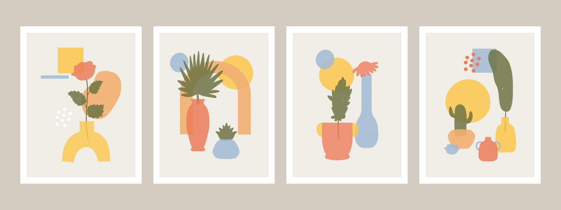 Abstract vases posters. Abstract minimalist vases, flowers and leaves shapes, hand drawn still life illustration set. Contemporary abstract art vector
