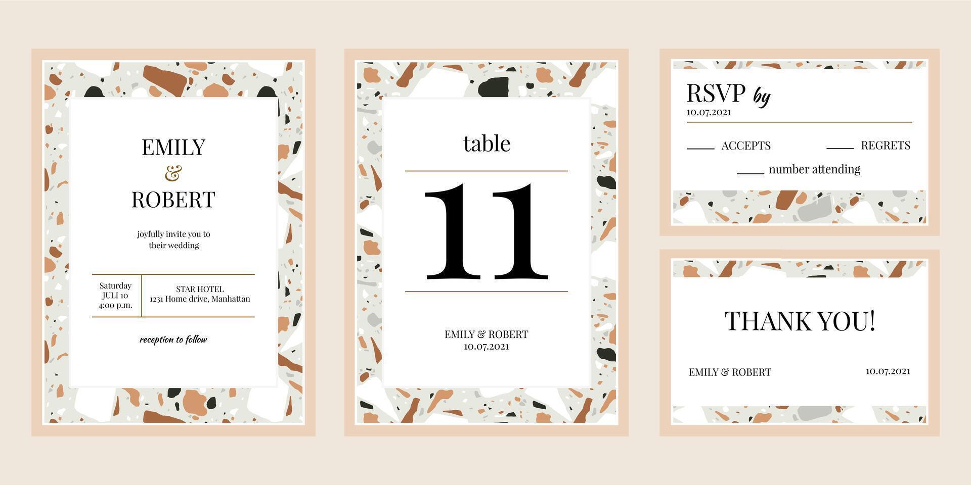 Mosaic texture wedding invitations. Marble or granite mosaic textures bridal flyers illustration set. Wedding invitation with marble chips texture vector